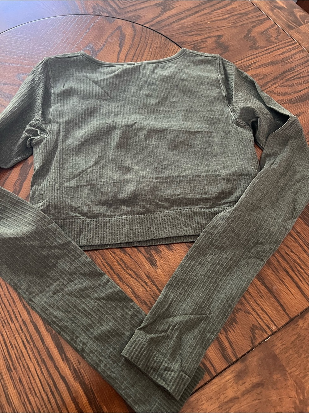 Scoop Neck Ribbed Knit Stretch Top Green Long Sleeve Cropped Women S # 527